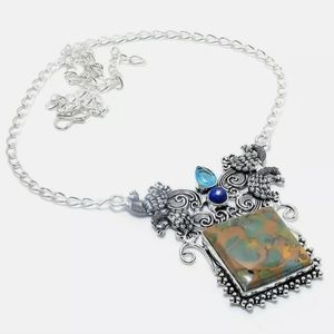 New Bamboo Jasper, Blue Topaz, Lapis Lazuli 925 Silver Statement Necklace.